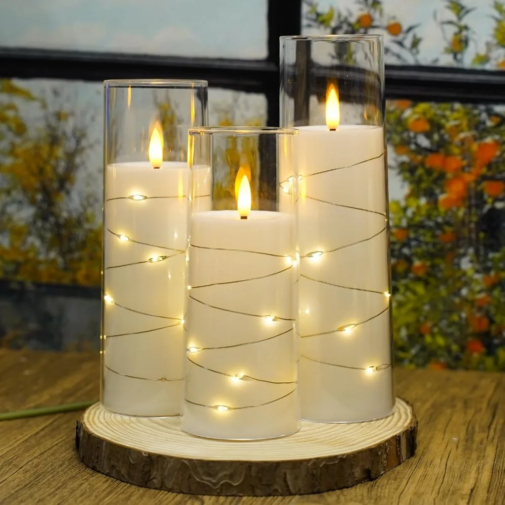 LED Candles,Battery Operated Candles 9Pcs with Embedded Star String,Acrylic LED Pillar Candles with Remote for Home Decoration