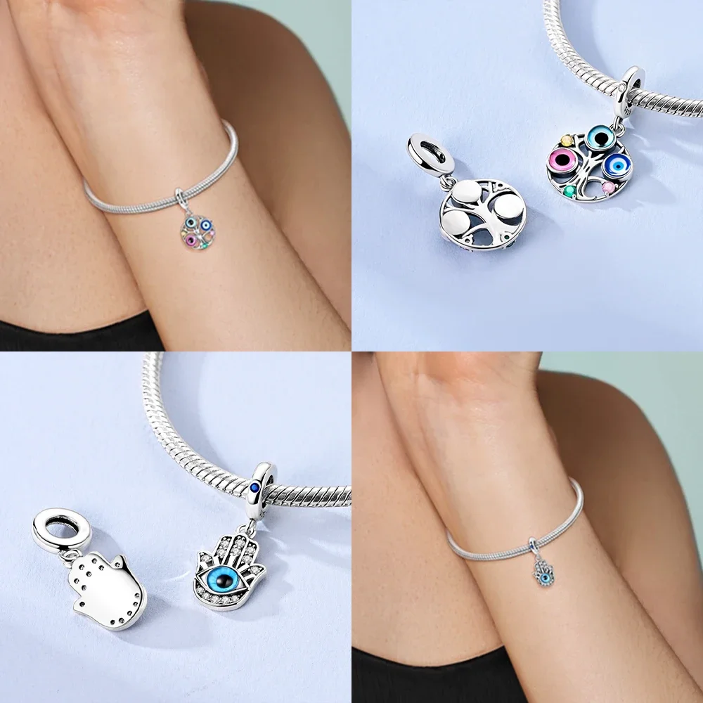 925 Silver Original Fatima's Hand Blue Pendant Guarding The Tree of Life Bead Fit Bracelet Women Jewelry Diy Accessory Fine Gift