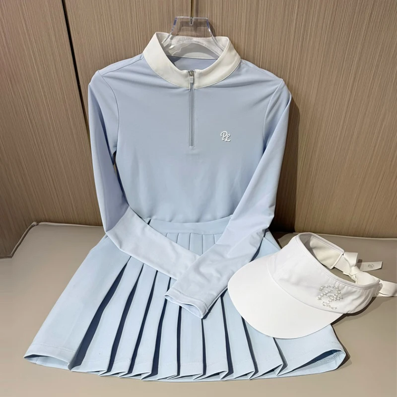 

PL Спортивная рубашка для гольфа для женщин, весна-осень, тонкие футболки с длинными рукавами, топы с воротником на молнии, женская плиссированная юбка, короткая юбка