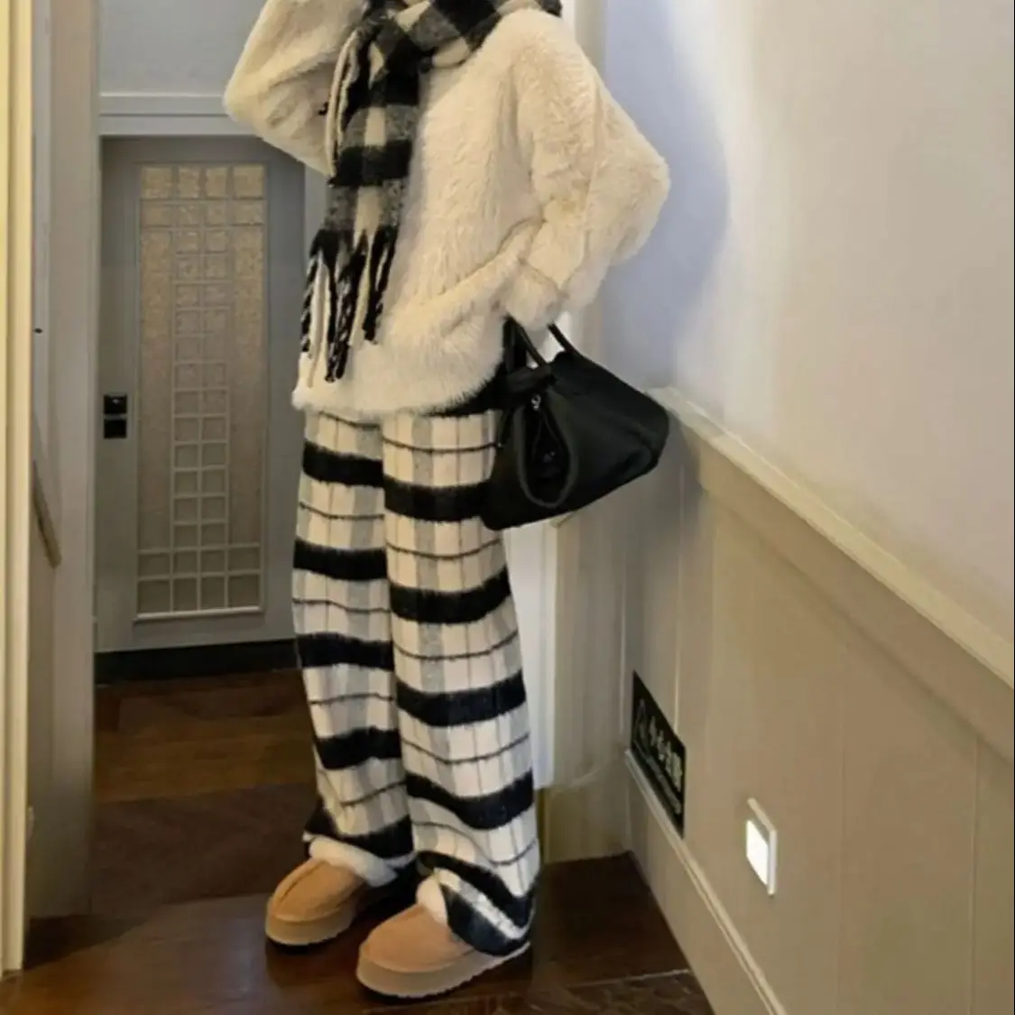 High Waist Thick Loose Woolen Wide-Leg Trousers Plaid Retro Design Loose All-Match Korean Style Sporty Students Autumn Trousers