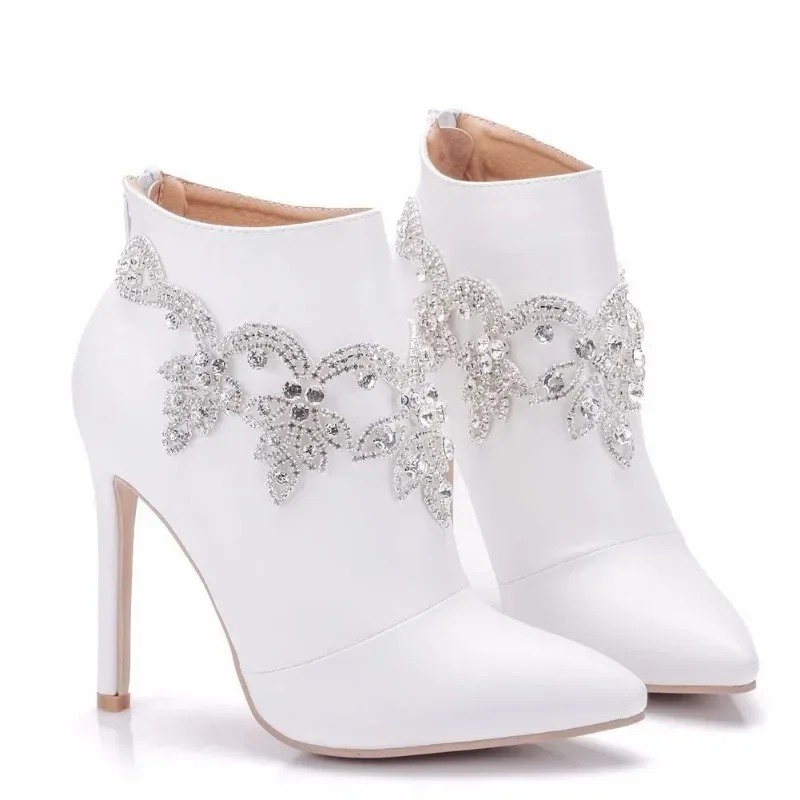 Autumn Winter Boots For Women Ankle Boot Rhinestone ZIP PU 11CM Thin high heels Concise Lady Wedding Women Shoes white