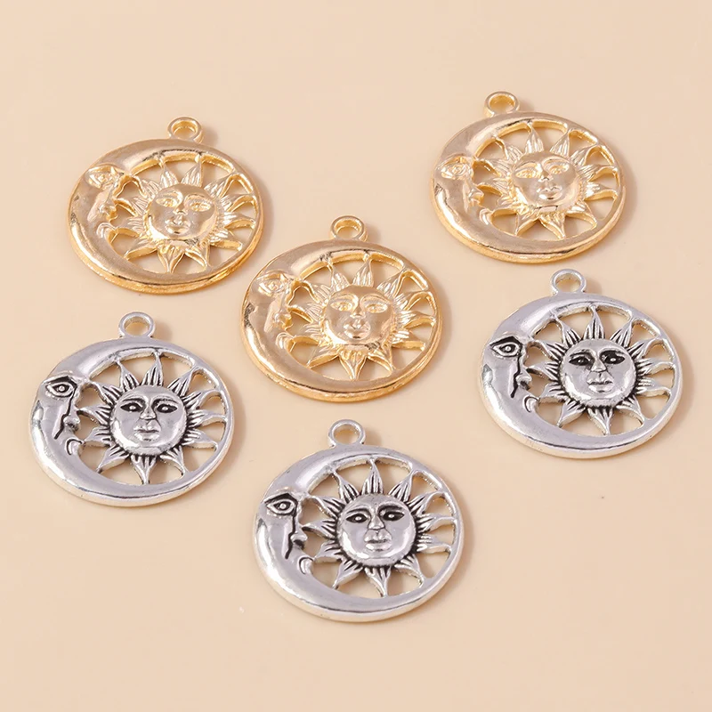 Leslie 10 Stück Gold-Silberfarbene Metall-Anhänger mit griechischen Sonnen- und Mondmotiven, Legierungs-Charms für DIY-Schmuckherstellung, Halsketten, Armbänder, handgemachtes Kunsthandwerk – Detail 2