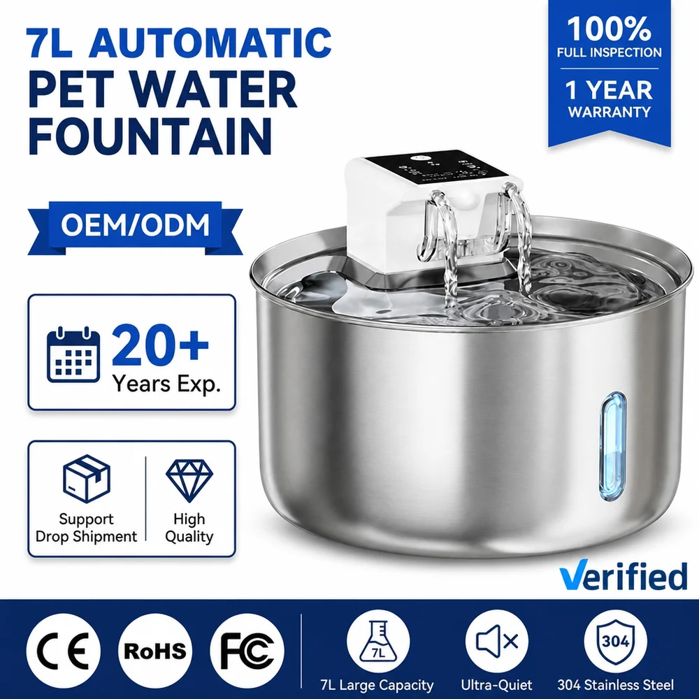 Smart Automatic Pet Water Dispenser for Cats Dogs Durable Stainless Steel 7L Large Capacity Multi-Cycle Filtration Modern Solid