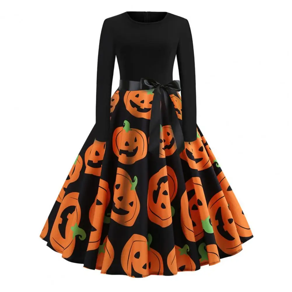 

Halloween Mini Dress Women's Round Neck Pumpkin Head Printed Patchwork Large Hem Dress Vintage Festival Dress Cosplay Costume