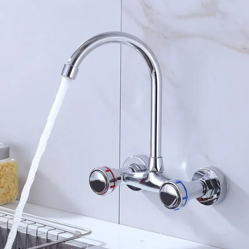 Kitchen Faucet Wall Mounted Hot and Cold Mixer Tap Copper Laundry Double Hole Sink Basin Faucet Splash Proof Bathroom Faucets