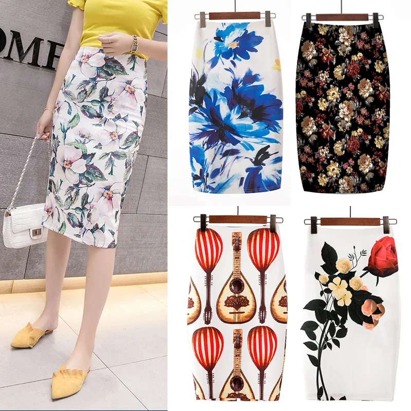 

Sexy wrap hip skirt High waist Mini skirt Elegant art print stretch pencil skirt