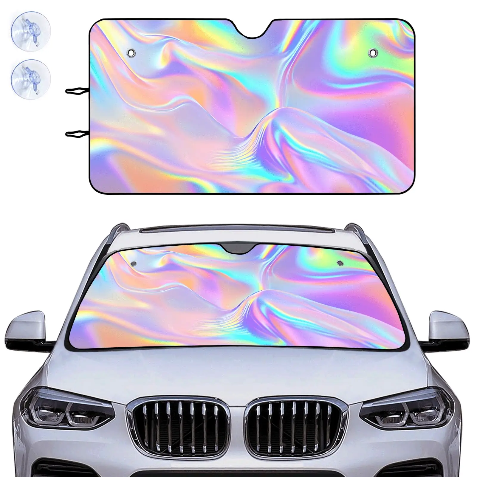 Car Windshield Sun Shade Holographic Rainbow Pattern | Universal Fit For All Cars, Protective Auto Accessory, Birthday Gifts, Al