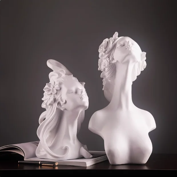 

Nordic Ins Flower Haired Girl Sculpture Art Avatar Resin Ornaments Sample Room Office Pub Figurines Decor Home Store Desk Statue