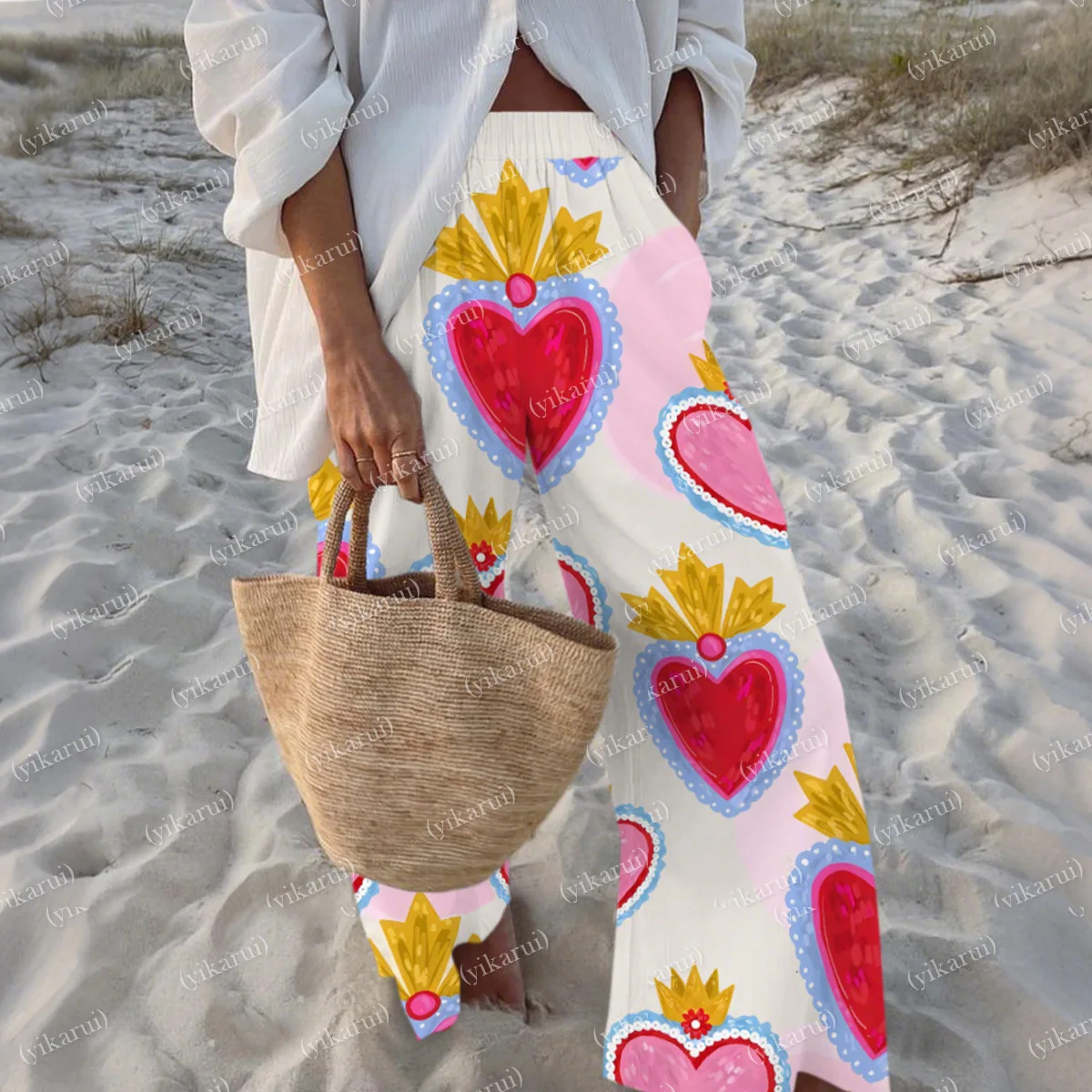  New Love Graffiti Printed Wide Leg Pants Women's Elastic Waist Casual Trousers Quick Dry Summer Beach Boho Kids Streetwear