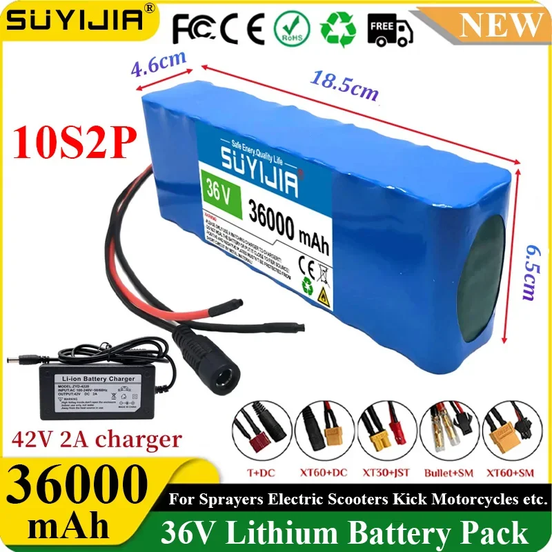 

18650 10S2P 36V 36000mAh Rechargeable Li-ion Battery Pack for Electric Bicycle Scooter Wheel Chair Built-in BMS + 42V 2A Charger