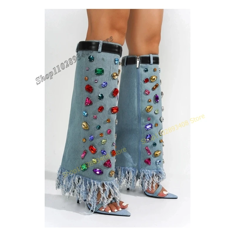 Azul Demin Crystal Decor Mid Calf Boots para mulheres, estiletes, salto alto, moda ocidental, sapatos sensuais, 2023