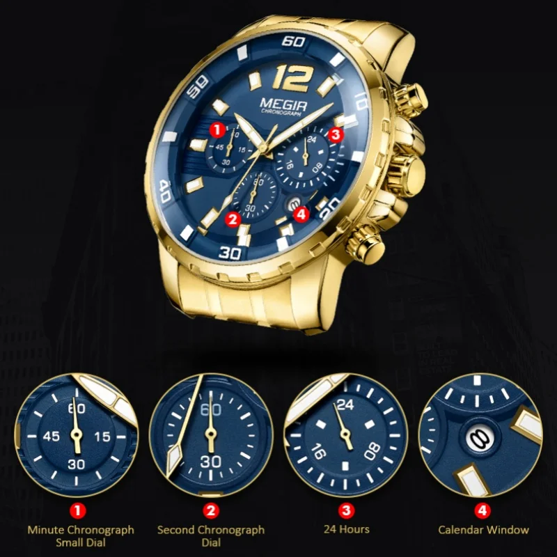 MEGIR 2068 Men's Quartz Watch Business Multifunctional Casual Luxury Waterproof Stainless Steel Calendar Sports Watches for Men