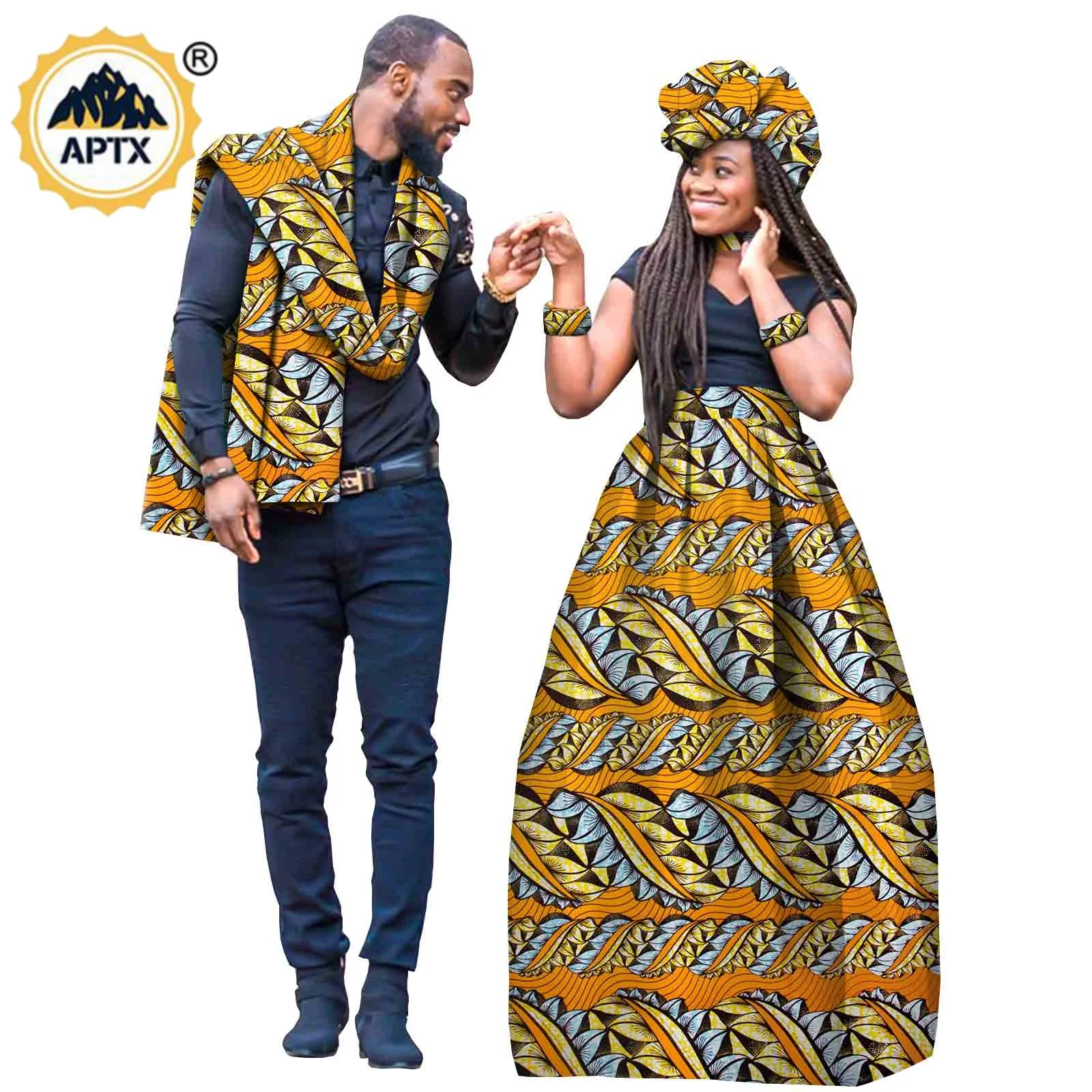 

African Women Ankara Tutu Maxi Long Skirts with Hearwarp Bracelets Choker Dashiki Scarf African Clothes Accessory Y21C002