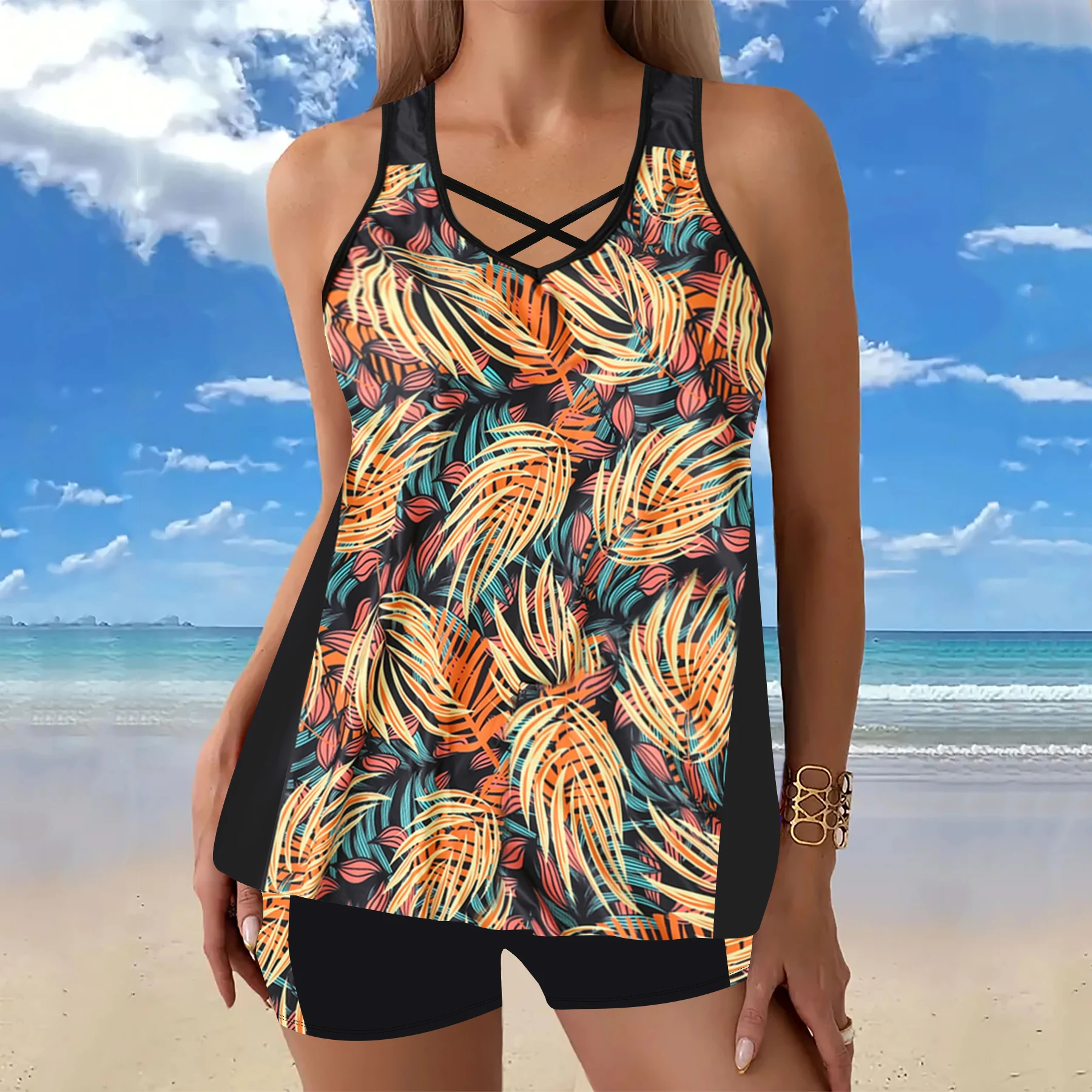 Conjunto de 2 piezas con estampado floral Tankini, estilo falda con pantalones cortos, trajes de baño y ropa de baño para mujer, bikini sexy de verano