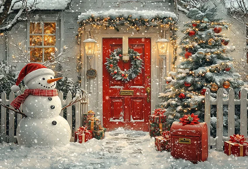 Mehofond Photography Background Christmas Front Door Snowman Winter Xmas Tree Kids Family Portrait Decor Backdrop Photo Studio