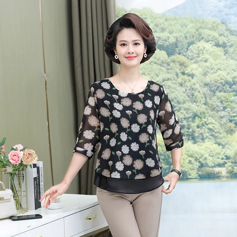 2023 Loose Women Spring Summer Blouses Shirts Lady Fashion Casual 3/4Sleeve O-Neck Jacquard Blusas Tops