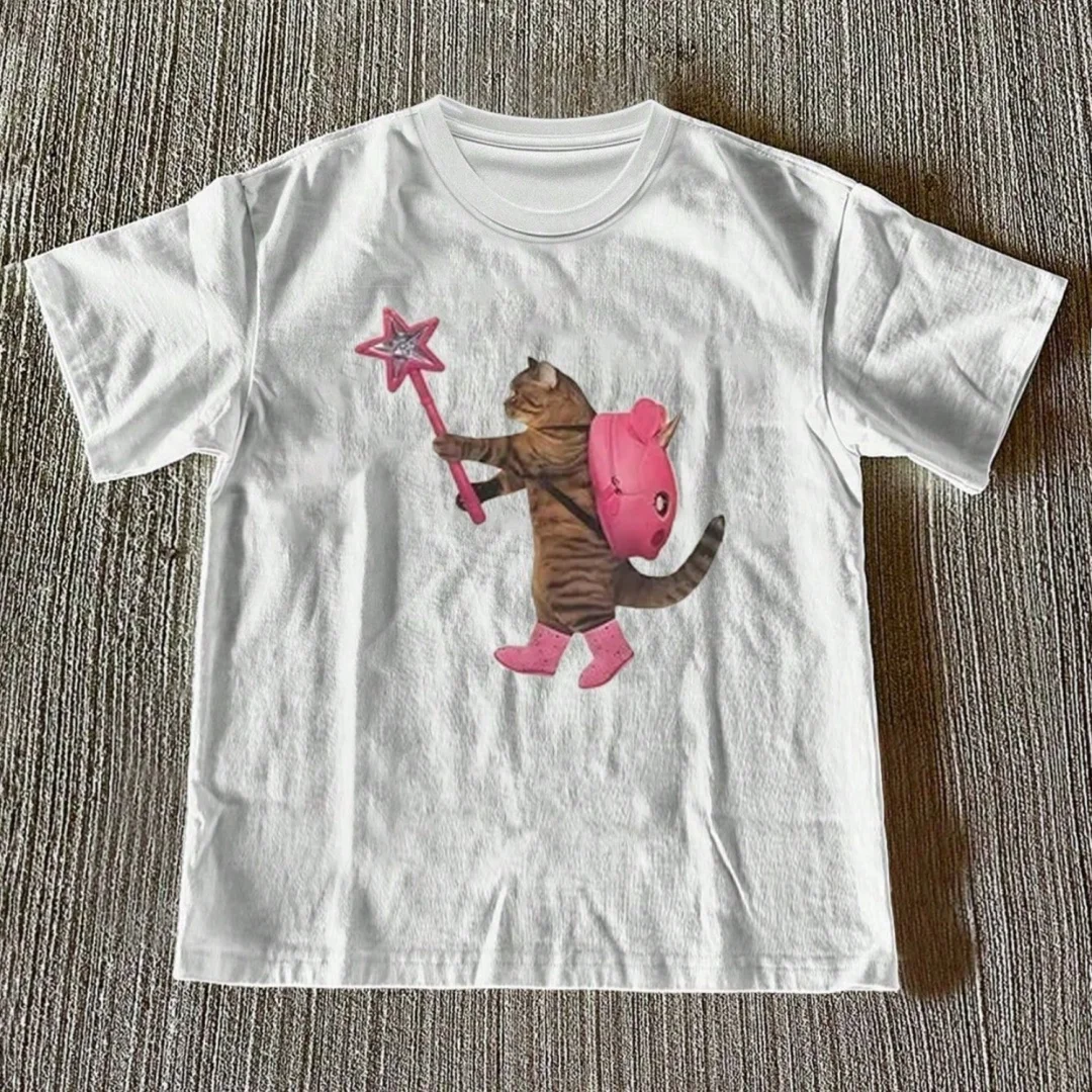 Men's Summer T-shirt Funny Magic Wand Tabby Cat Print Crew Neck Short Sleeve Loose Fit Cute Casual Streetwear Daily Fashion Tops