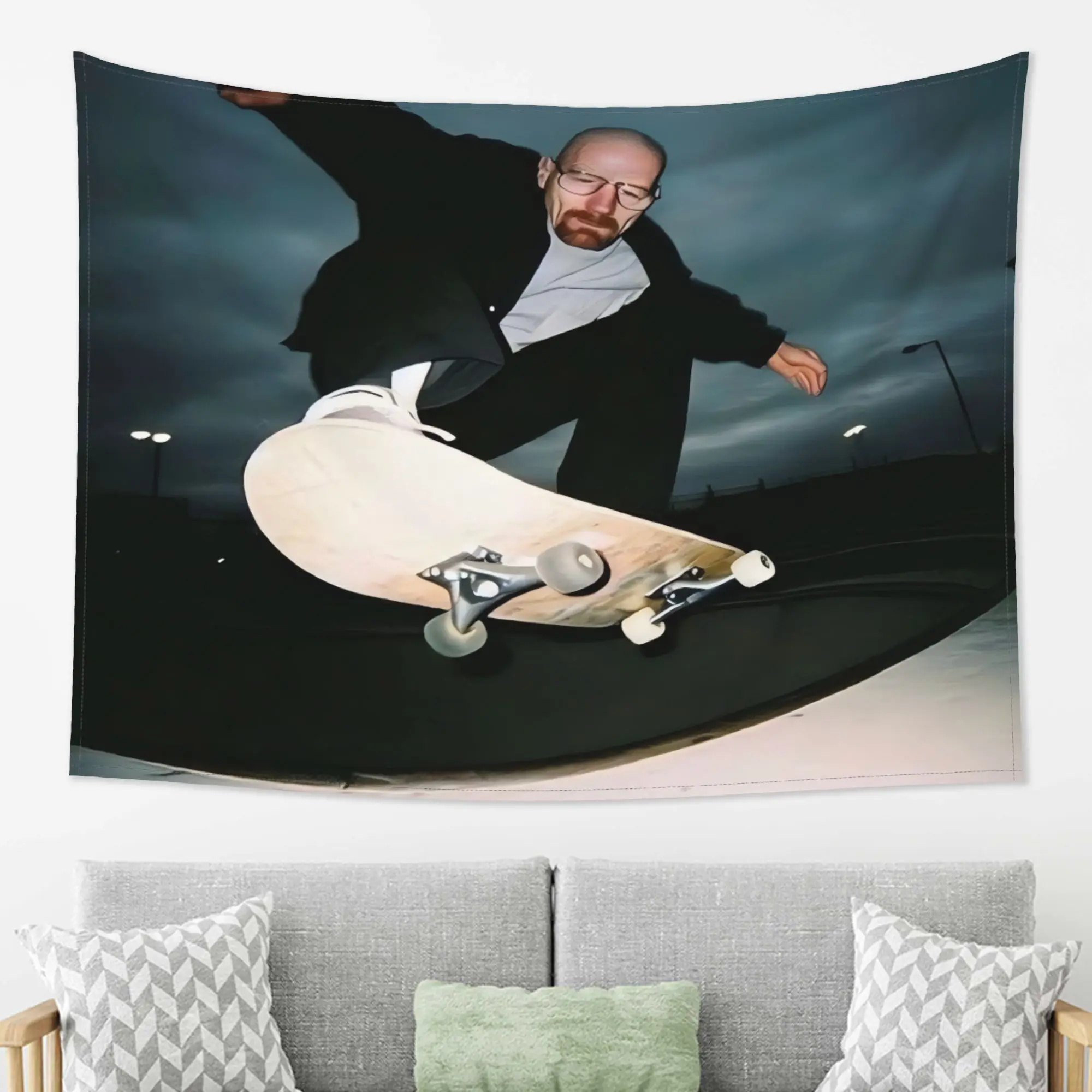 VIKAMA Wandteppich mit Skateboarder-Motiv, bärtiger Mann mit Brille, Wohnzimmer-Sofa-Hintergrund, trendige Raumdekoration