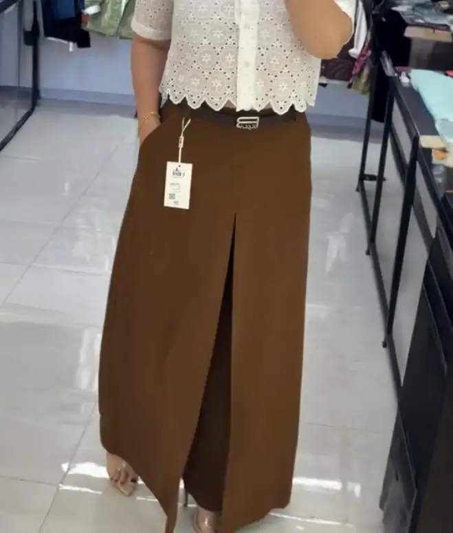 Women's Pants 2025 Spring Autumn New Pocket Design Elastic Back Waist Wide Leg Slit Faux Two-Piece Casual Pants Without Belt