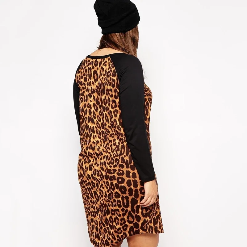 Plus Size Summer Spring Casual Leopard Dress Women Long Sleeve Loose T-shirt Tee Dress Female Large Size Straight Tunic Dress 6X