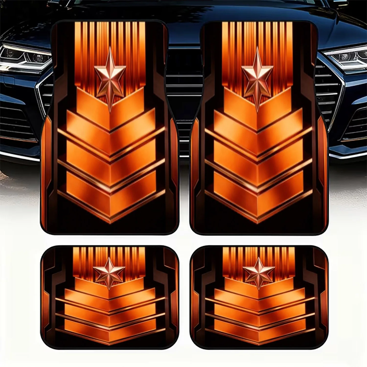 4pcs Car Floor Mats, 2D Flat Printing, Stylized Star Geometric Design, Metallic Reddish - Orange, Sleek Modern Aesthetic, Materi