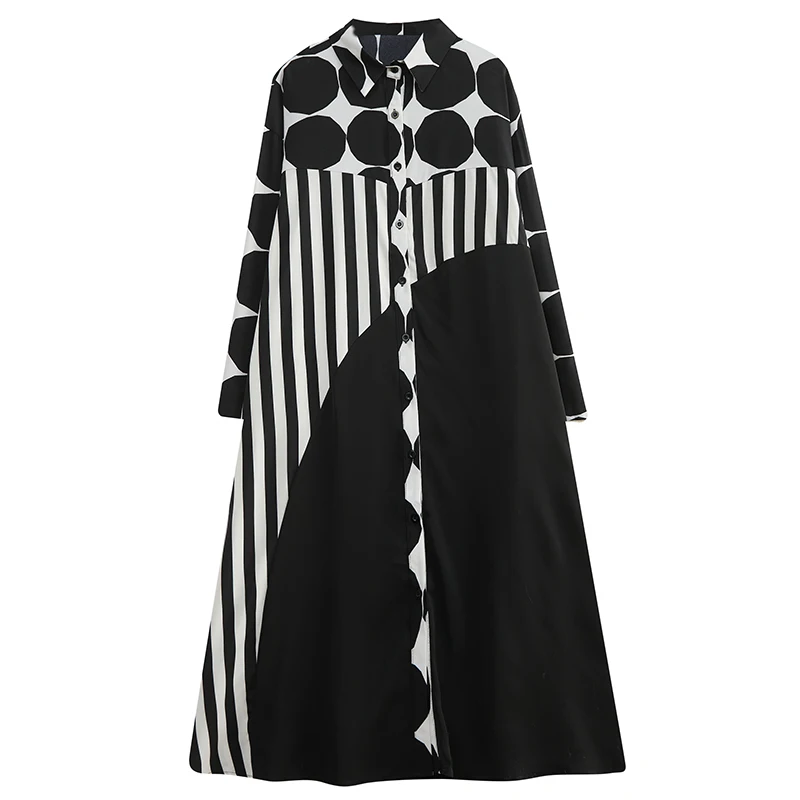 봄철 패션 큰 사이즈 물방울 무늬 원피스 여성 무릎 길이 라운드 도트 프린트 캐주얼 오피스웨어 롱 슬리브 원피스