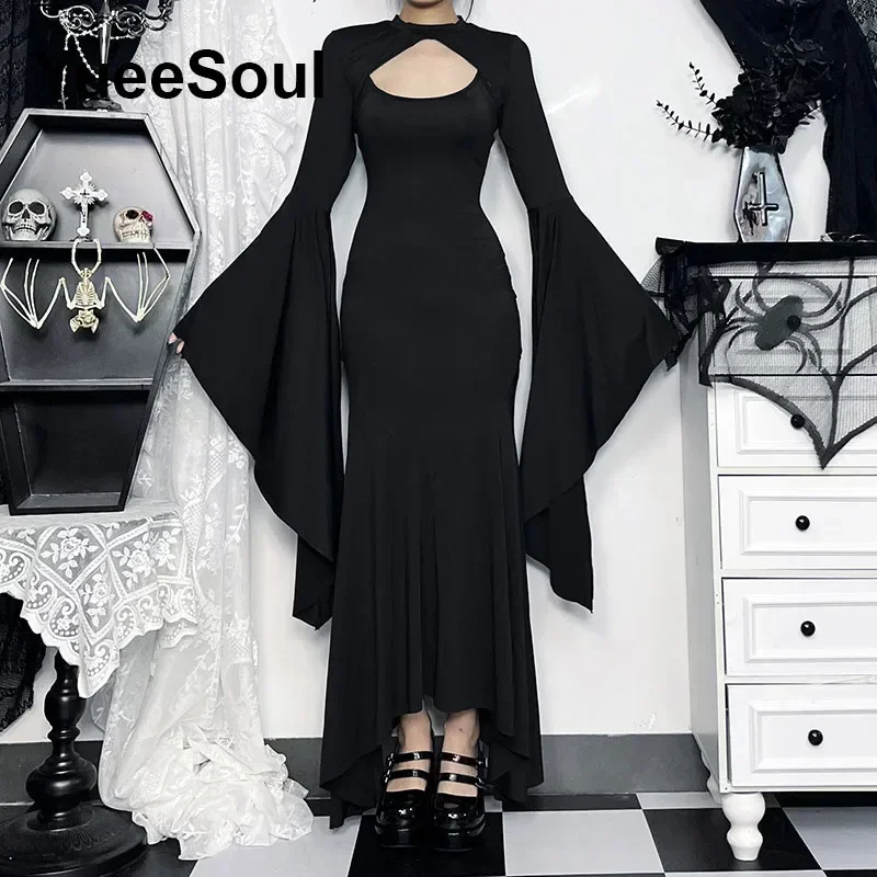 Halloween Gothic Women Dress Long Sleeve High Waist Dresses 2024 New Goth Aesthetic 90s Egirl Sexy Slim Party Club Dress