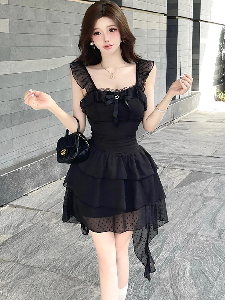 Feminino coreano vintage bodycon lolita estilo vestido de verão preto arco renda chique malha estilingue vestido sexy 2025 elegante vestido de festa causal