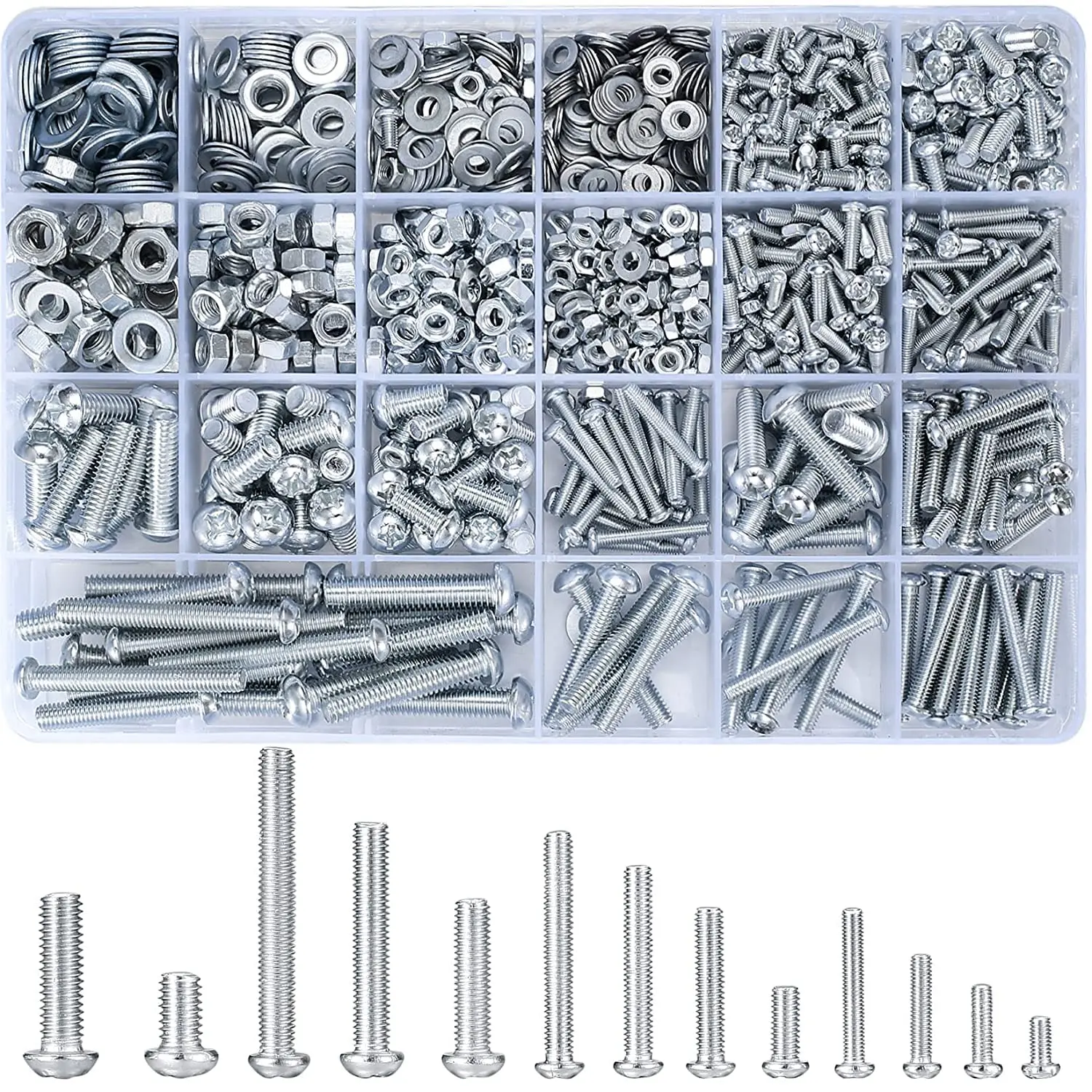 1080pc  screw bolt and nut and flat washer combination kit, metric,M3/M4/M5/M6 cross slotted flat head hexagon bolt and nut set