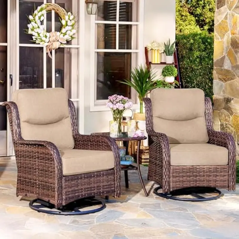 Luxury 3-Piece Outdoor Seating Set Featuring 6-Inch High-Density Foam Cushions, All-Weather PE Wicker, 360° Swivel Rocker Chairs