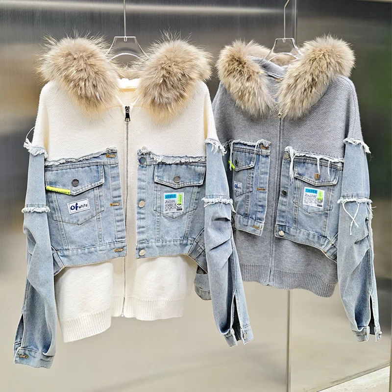 

2025 Women Winter Luxury Real Raccoon Fur Collar Hoodie Knitted Thick Denim Cloth Joint Sweater Hooded Zipper Coat