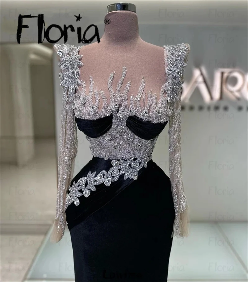 Floria Black Velour Evening Maxi Dresses Sheer V Neck Sheath Beaded Long Sleeves Prom Gowns For Women Party Formal Occasion Robe