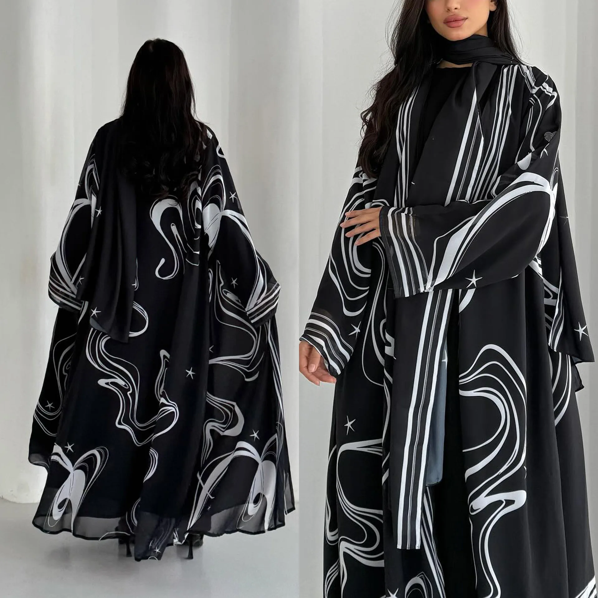 Eid Abaya Women Print Dresses Muslim Cardigan Robe Hijab 2 Piece Set Jalabiya Ramadan Dubai Abayas Kaftan Islam Vestidos Morocco