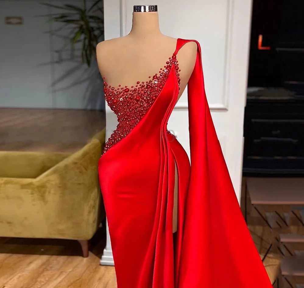 Sexy Red Mermaid Arabic Prom Dress with Long Shawl Illusion Beads Rhinestone Satin Evening Party Gowns Women Robe De Soirée