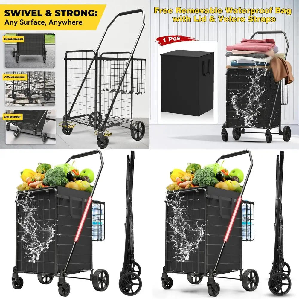 

Сверхмощная складная тележка объемом 3,7 куб. футов емкостью 380 фунтов, 360° ° Поворотные колеса, двойная корзина и съемный водонепроницаемый вкладыш для гр.