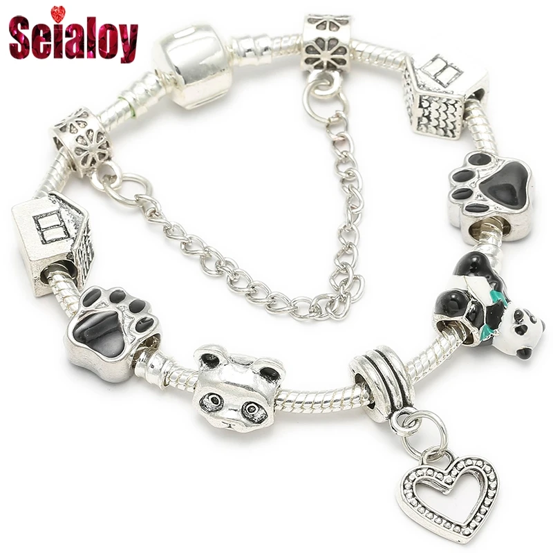 Seialoy Cute Panda Charm Bracelet For Women Plated Black White Murano Glass Beads Silver Color Brand Bracelet Girls Jewelry Gift