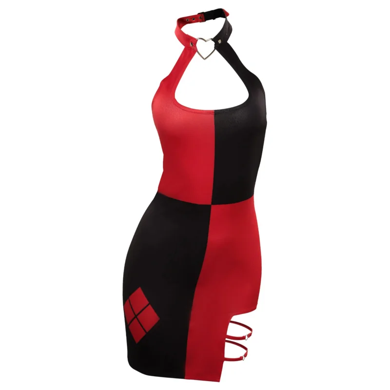 Quinzel-Mini vestido sexy bodycon para mulheres, traje de filme, super vilões, cosplay, sem encosto, roupa de Halloween