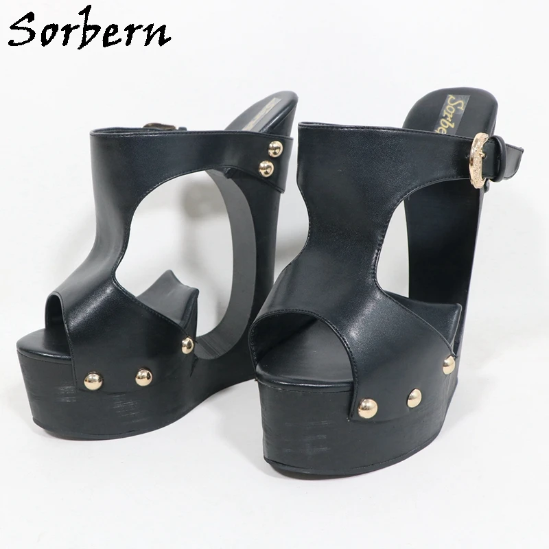 Sorbern Customized Hollow Wedge Slippers For Women Rivets Buckles Slides Pre-Sale Ladies Shoes Summer
