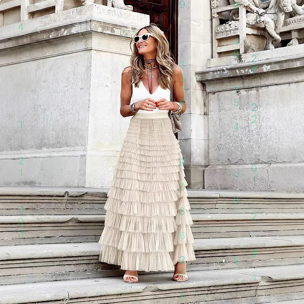 

Sheer Cake Layered Midi Skirt Big Swing Skirts for Women Spring Summer Fashion