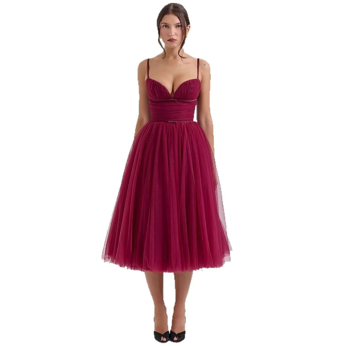 Elegant Wedding Guest Dress Spaghetti Strap Ruched Bodice Dresses Midi Tulle Skirt Evening Dress Backless Party Dress 2026