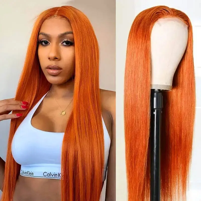 350 Ginger Orange 13x4 Lace Frontal Wigs Human Bone Straight Human Hair Wig 220% Brazilian Hair Lace Frontal Wig For Women