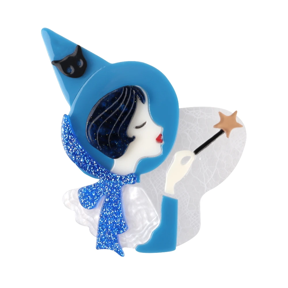 New Acrylic Cute Witch Brooch Pins Cartoon Magic Stick Girl Figure Brooches Badges for Women's Clothing Jewelry Accessories Gift