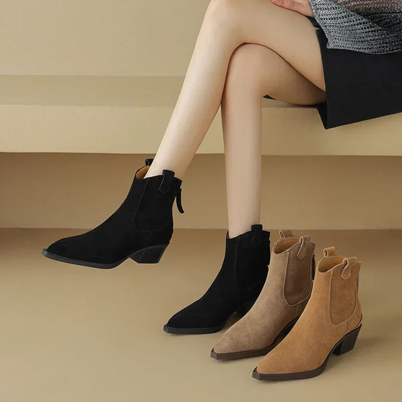 NEW Autumn Women Boots Cow Suede Leather Shoes for Women Pointed Toe Chunky Heel Shoes Concise Black Boots Zipper Western Boots