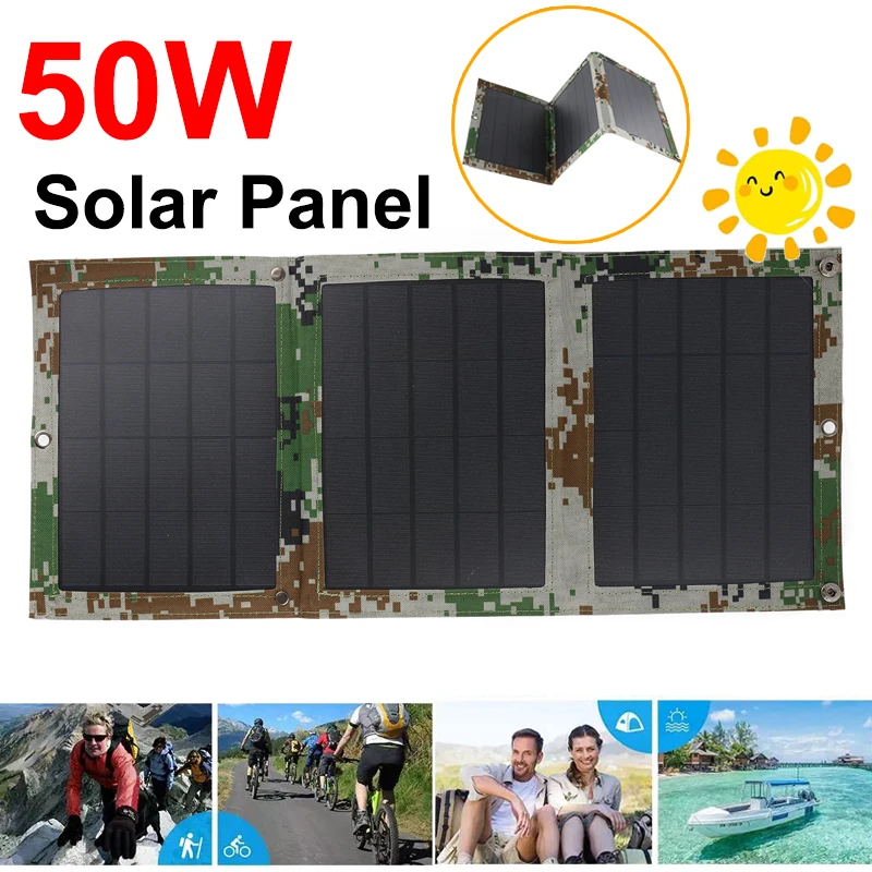 50W Solar Panel  Dual USB Outdoor Folding Waterproof Solar Panel Charger Mobile Phone Charger Power Bank Battery Charger