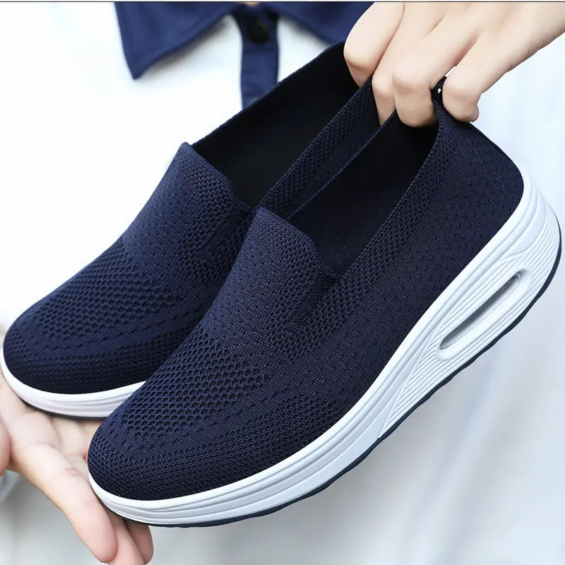 

Women Platform Height Increasing Slip-On Cloth Casual Mom Rocker Toning Shoes Soft Comfortable Lightweight Walking Sneakers