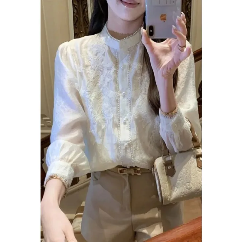 

Женская рубашка с кружевной вышивкой 2025 года, свободный и универсальный топ