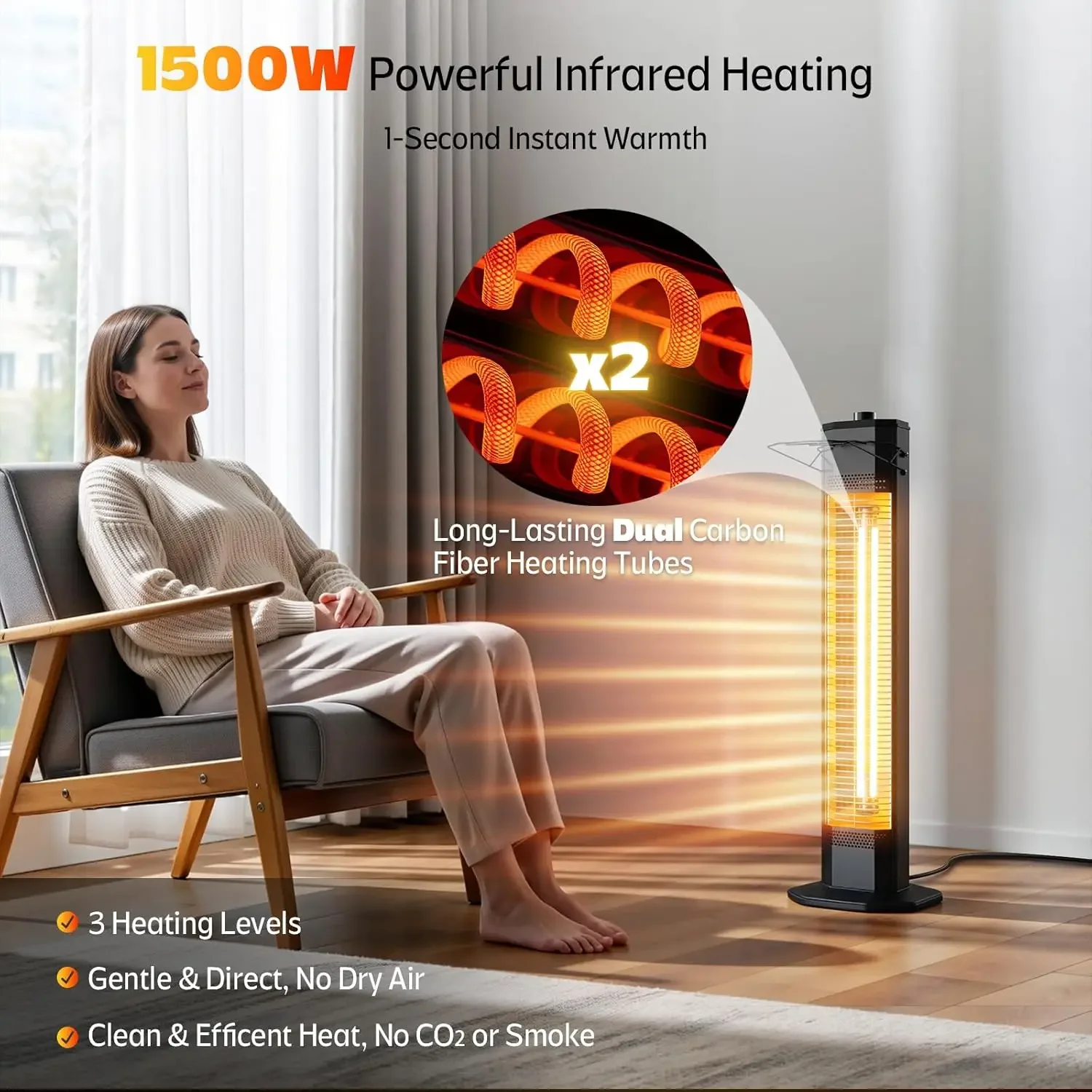 Outdoor Electric Patio Heater, 34-inch 1500W Infrared Tower Heater with Instant Heating, Tip-Over & Overheat Protection, IPX5 Wa