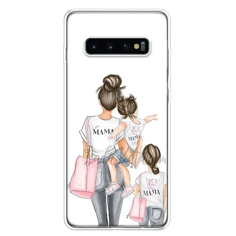 Black Brown Hair Baby Mom Girl princess Phone Case For Samsung Galaxy S20 S23 FE S21 S10 Plus S24 S22 Ultra Coque S10E S9 S8 S7