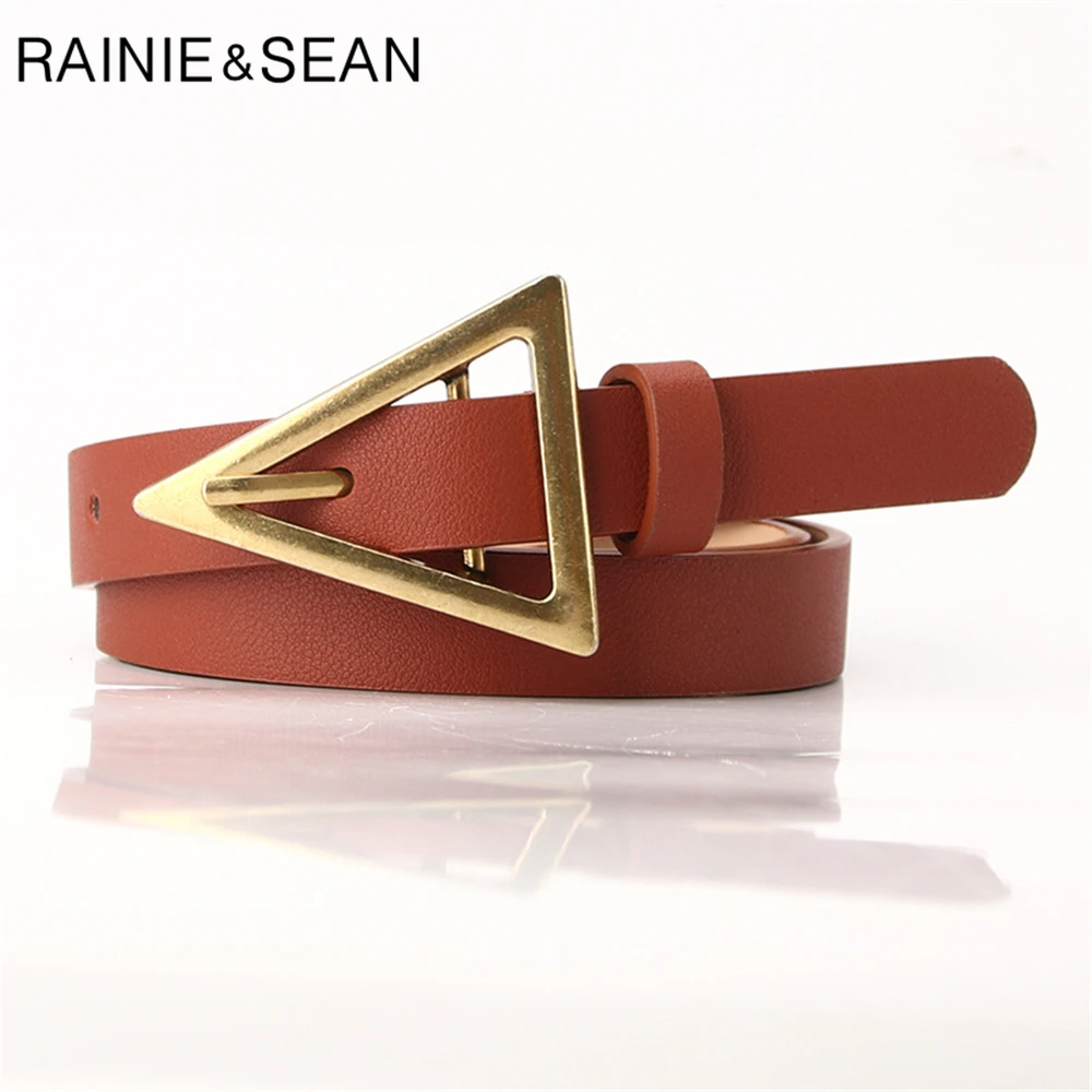 RAINIE SEAN Vintage Belt Women Leather Belt Triangle Buckle Thin Ladies Waist Belt Camel Black Navy Female Belt for Trousers