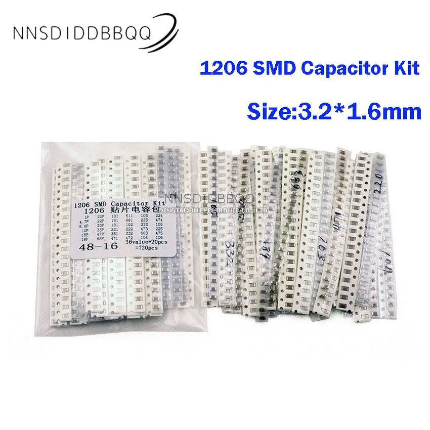 1206 SMD Capacitor Kit  Sample Package  36 Common Values,20PCS of Each Value,Total 720pcs Electronic Component